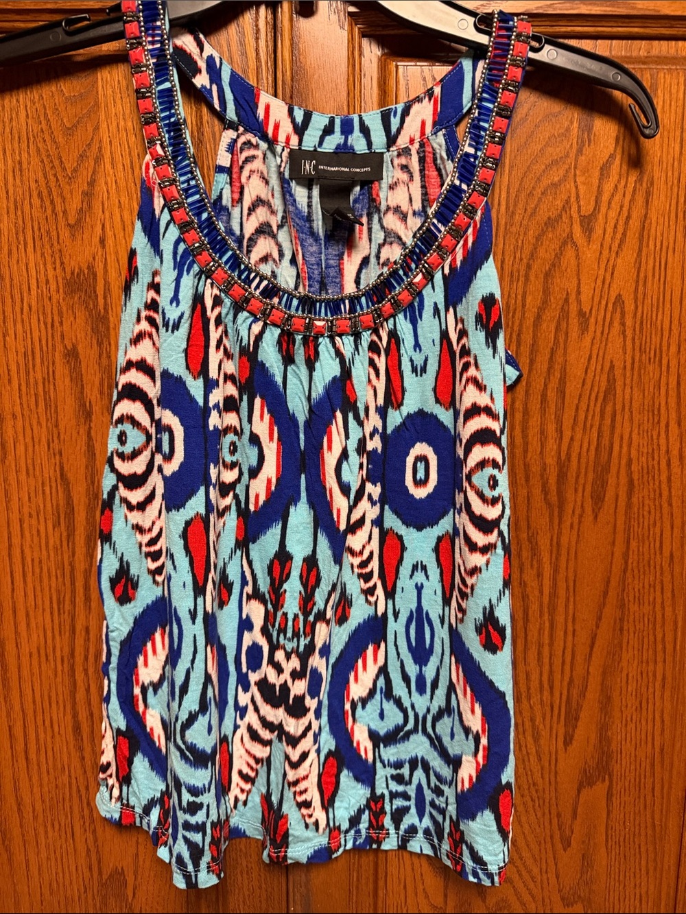 INC International Concepts Blue & Red Patterned Beaded-Neck Camisole